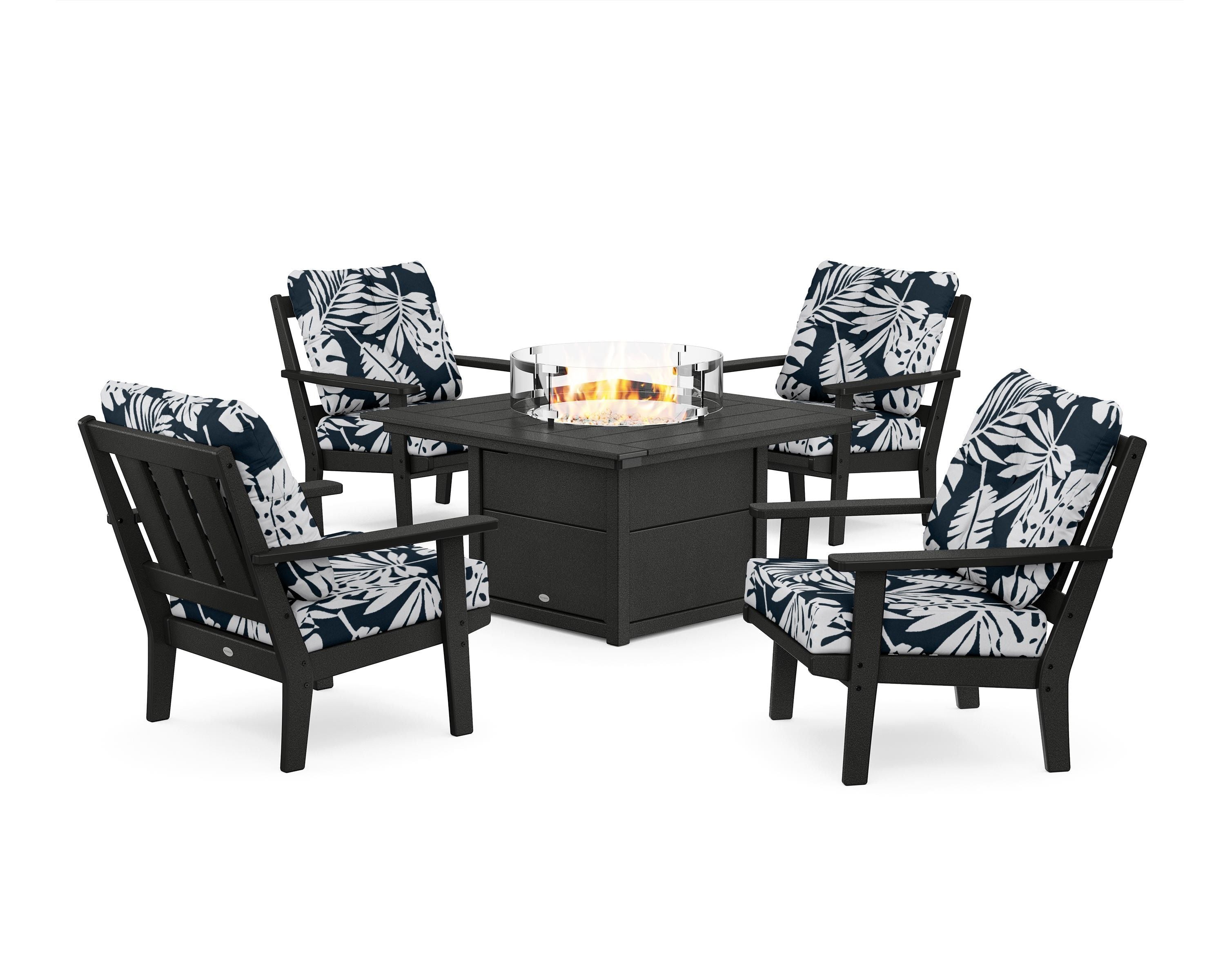 POLYWOOD® Oxford 5-Piece Deep Seating Set with Fire Pit Table in Black / Leaf Marine Indigo