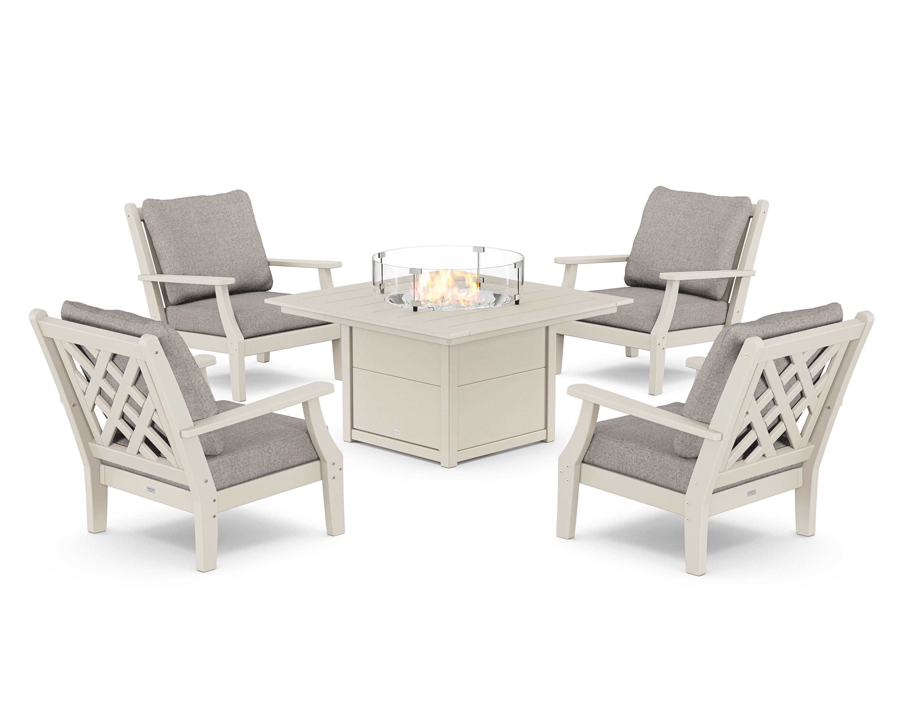 Country Living Wovendale 5-Piece Deep Seating Set with Fire Pit Table in Sand / Weathered Tweed