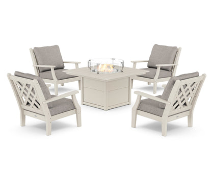 Country Living Wovendale 5-Piece Deep Seating Set with Fire Pit Table in Sand / Weathered Tweed