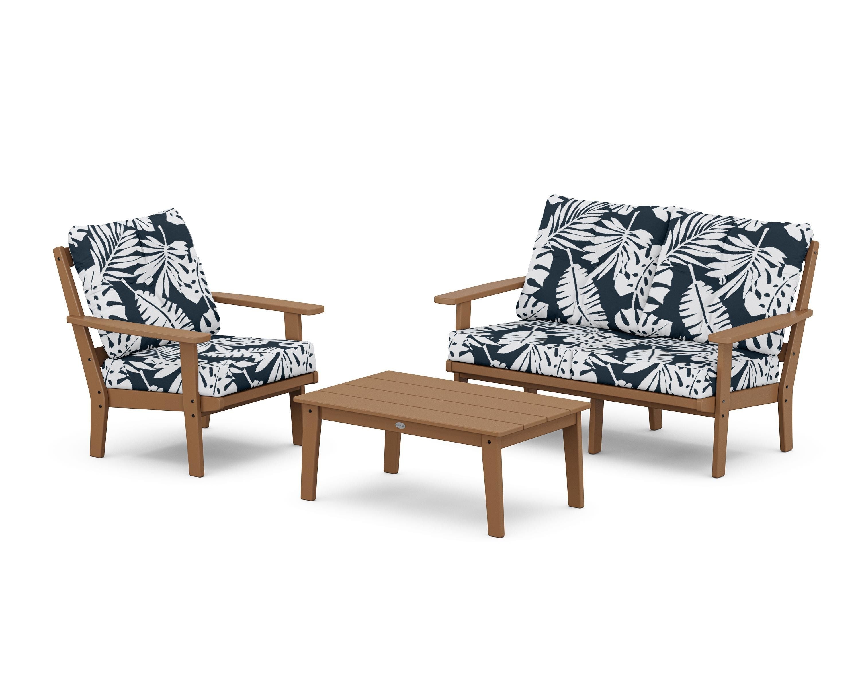 POLYWOOD® Prairie 3-Piece Deep Seating Set with Loveseat in Teak / Leaf Marine Indigo