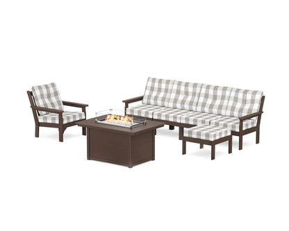 POLYWOOD® Vineyard Sectional Lounge and Fire Pit Set in Mahogany / Buffalo Plaid Grey Mist