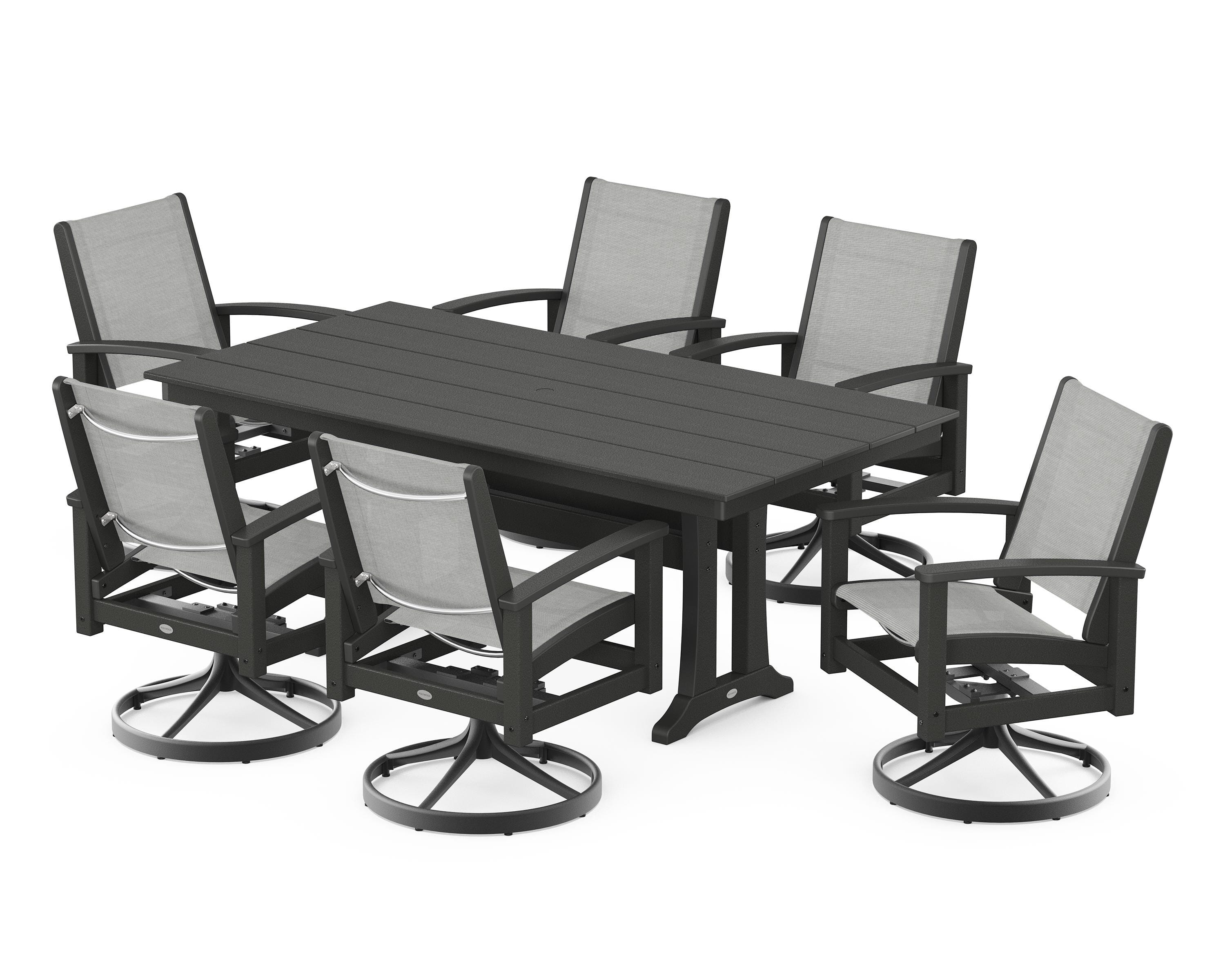 POLYWOOD® 7 Piece Coastal Swivel Rocker Dining Set in Textured Black / Black / Metallic Sling