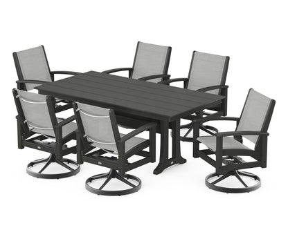 POLYWOOD® 7 Piece Coastal Swivel Rocker Dining Set in Textured Black / Black / Metallic Sling