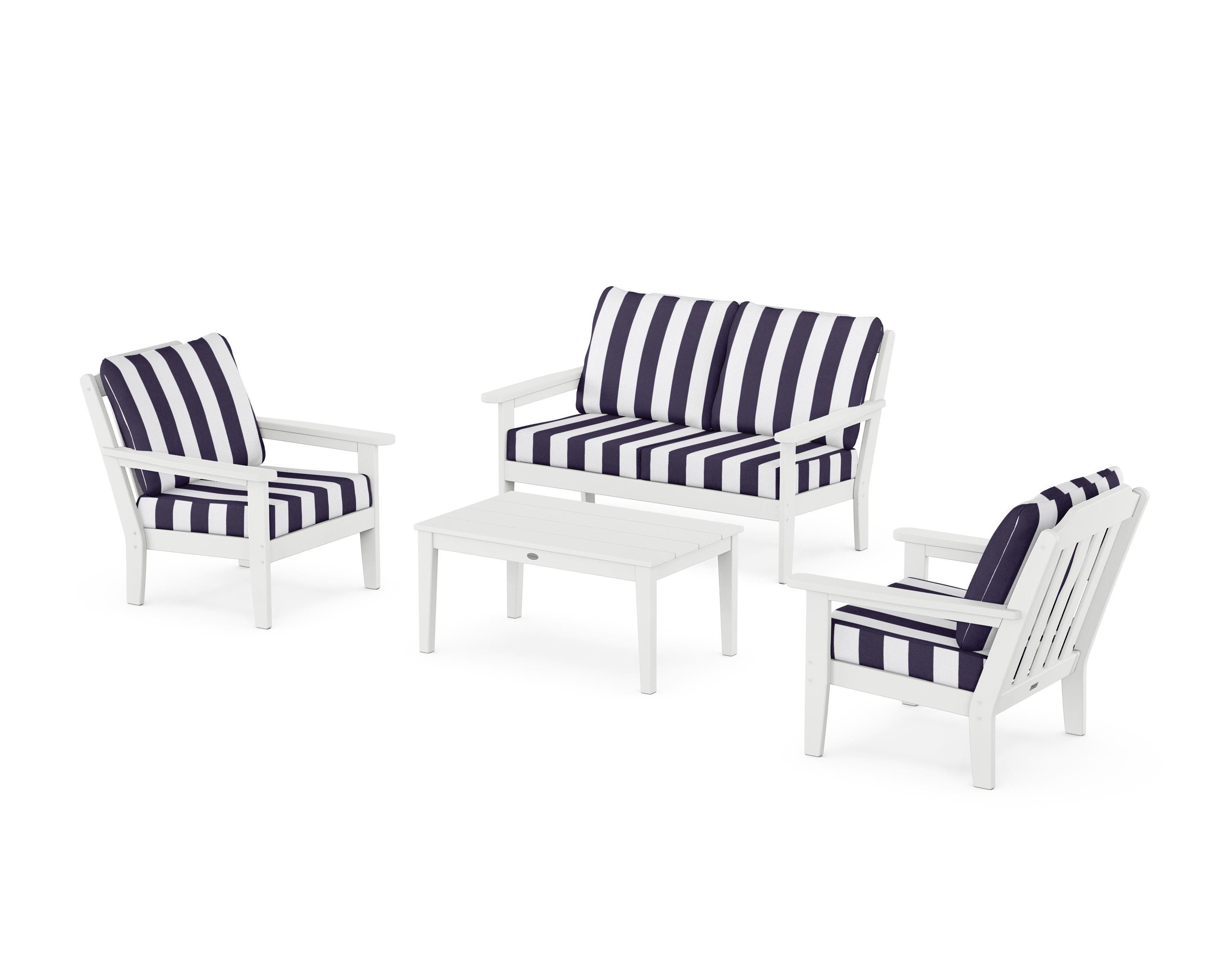 Country Living Cottage 4-Piece Deep Seating Set with Loveseat in White / Cabana Stripe Navy