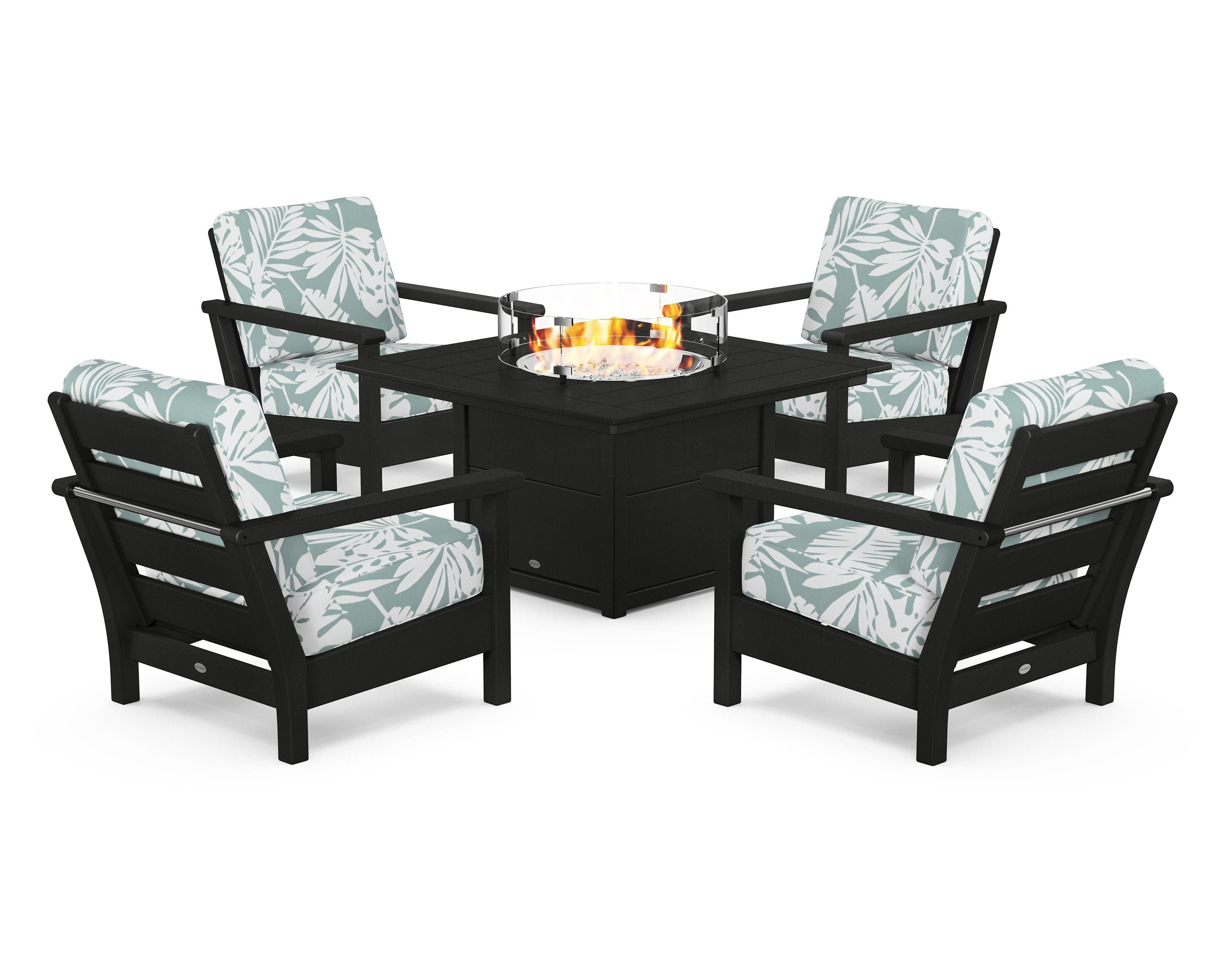 POLYWOOD® Harbour 5-Piece Conversation Set with Fire Pit Table in Black / Leaf Glacier Spa
