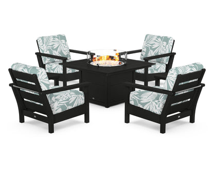 POLYWOOD® Harbour 5-Piece Conversation Set with Fire Pit Table in Black / Leaf Glacier Spa
