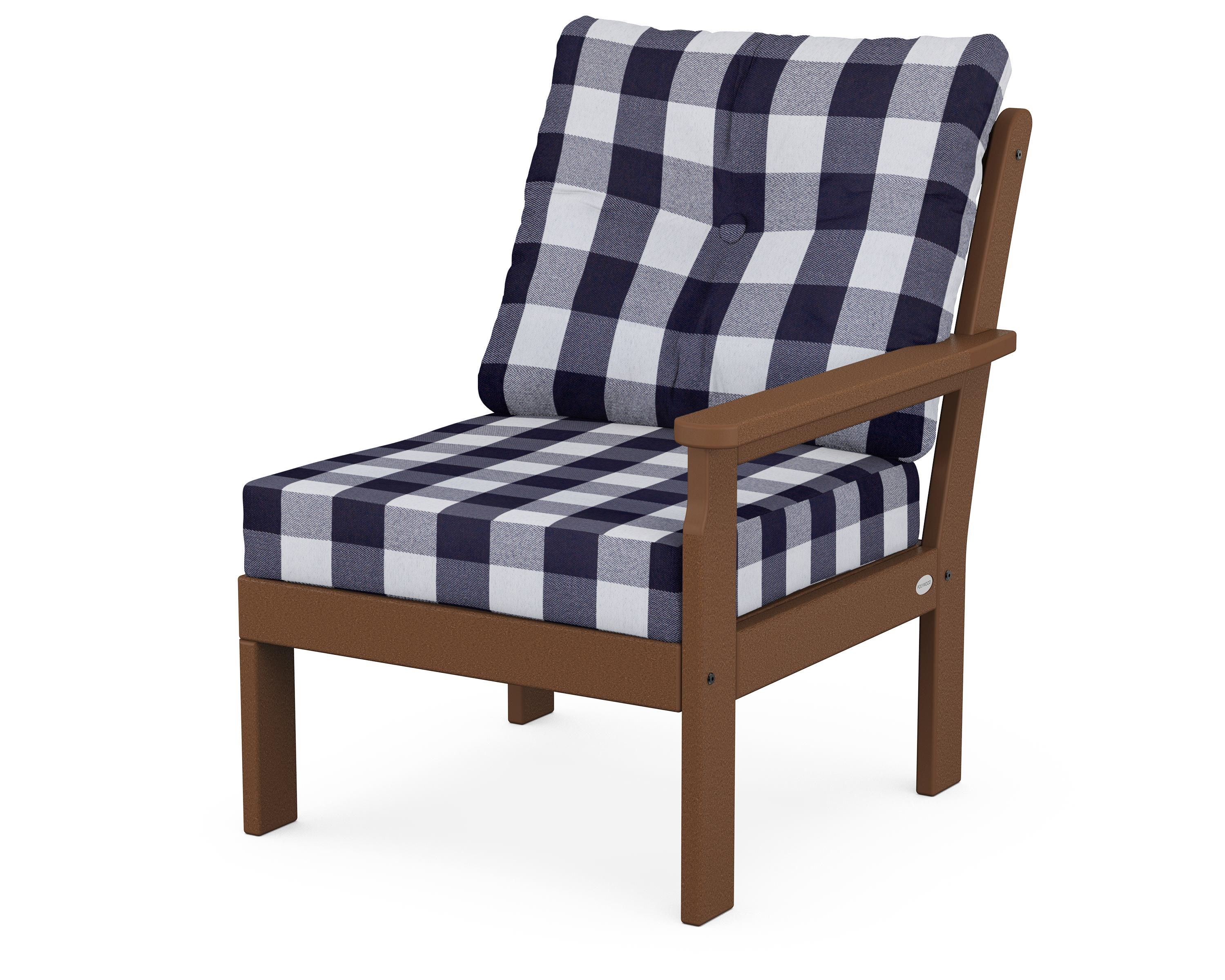 POLYWOOD® Vineyard Modular Right Arm Chair in Teak / Buffalo Plaid Navy
