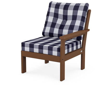 POLYWOOD® Vineyard Modular Right Arm Chair in Teak / Buffalo Plaid Navy