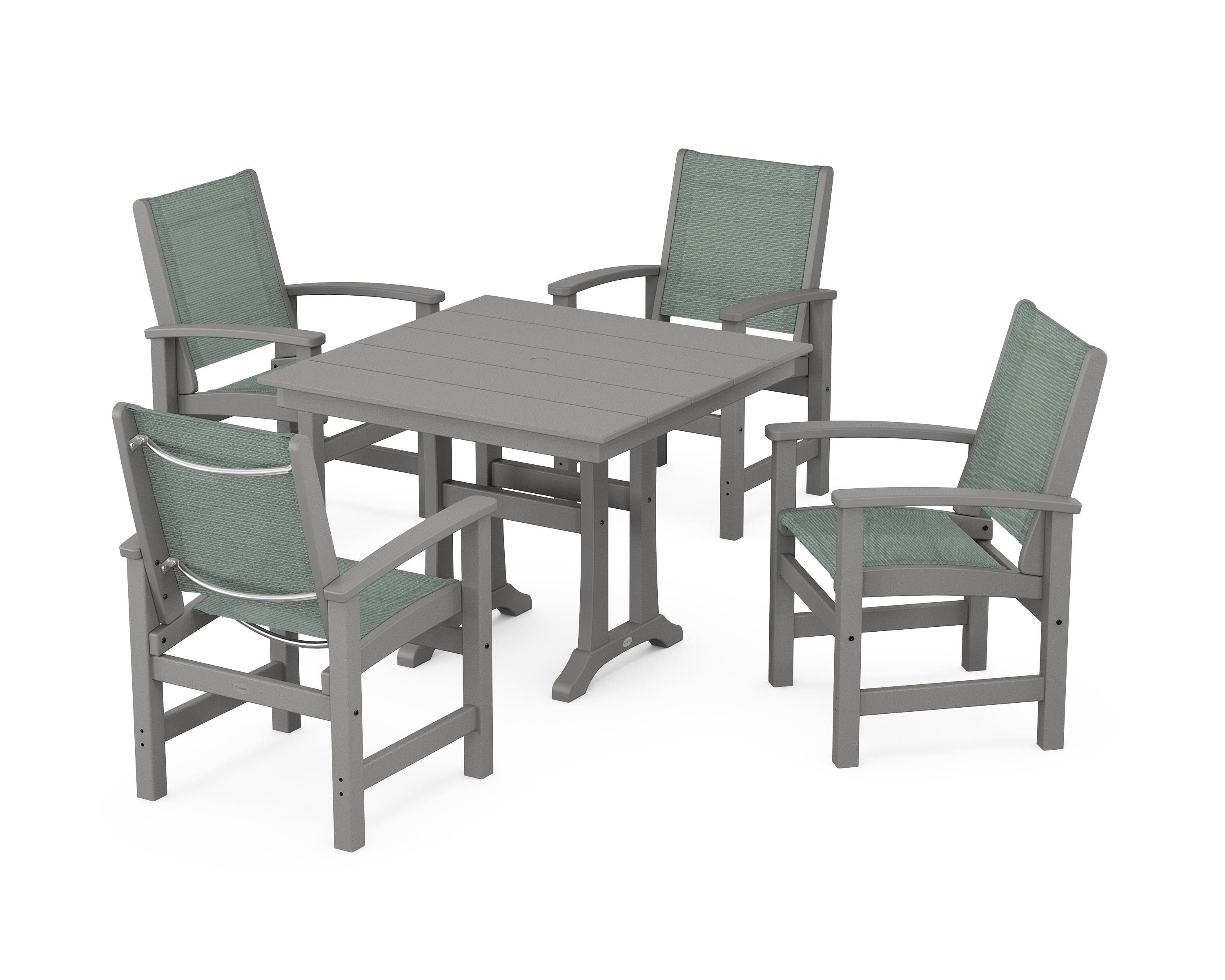 POLYWOOD® Coastal 5-Piece Farmhouse Dining Set With Trestle Legs in Slate Grey / Dupioni Sea Mist Sling