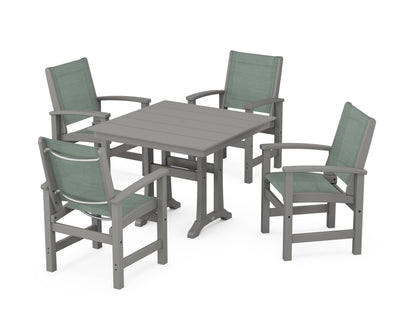 POLYWOOD® Coastal 5-Piece Farmhouse Dining Set With Trestle Legs in Slate Grey / Dupioni Sea Mist Sling