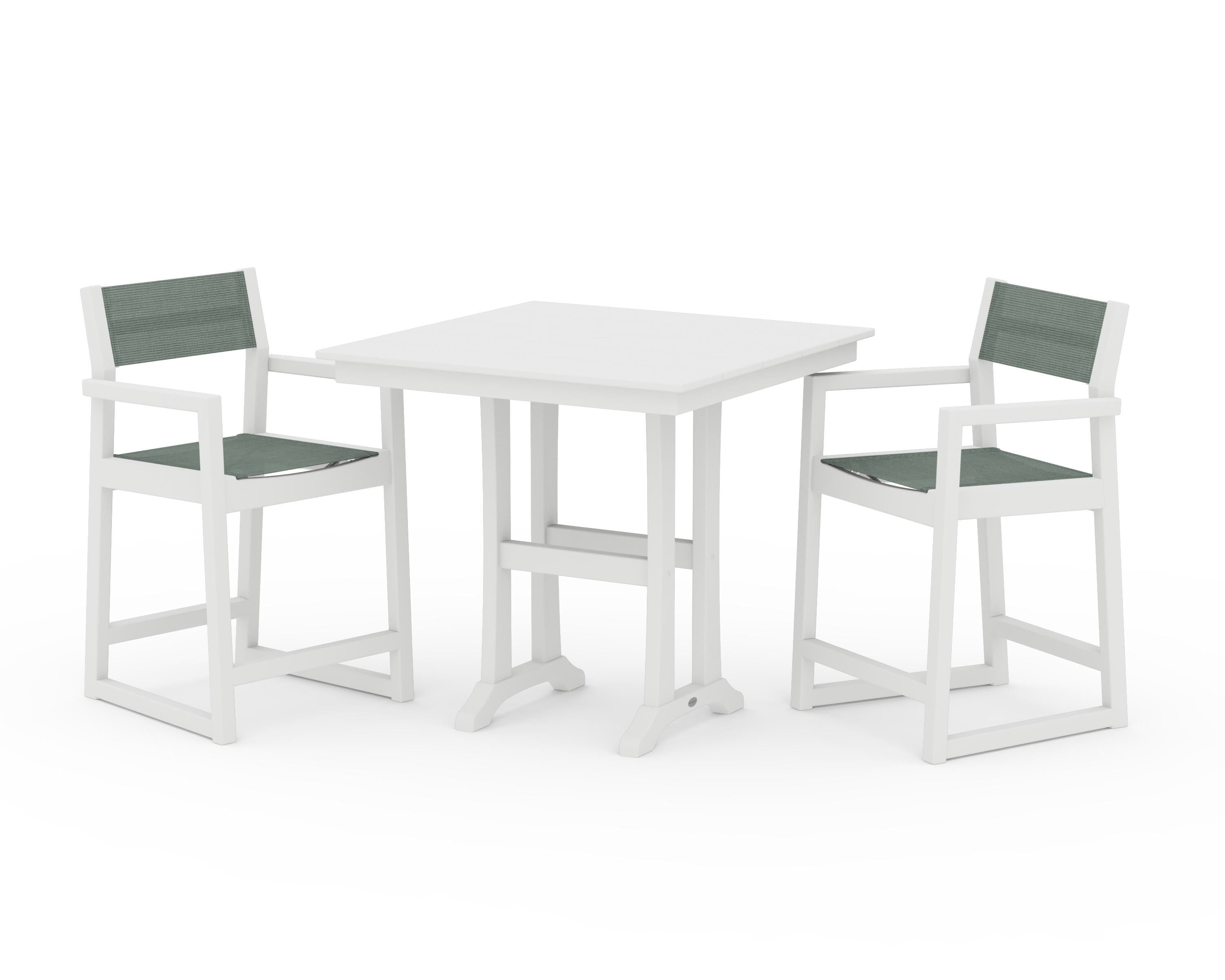 POLYWOOD® EDGE Sling Arm Chair 3-Piece Farmhouse Counter Set with Trestle Legs in White / Dupioni Sea Mist Sling