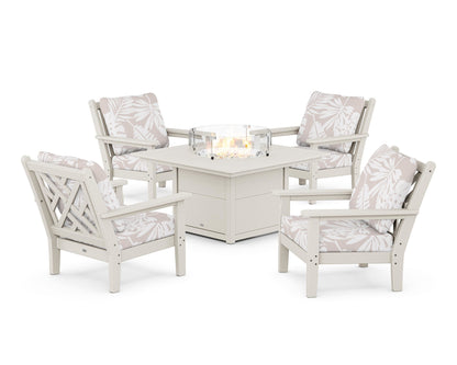 POLYWOOD® Chippendale 5-Piece Deep Seating Set with Fire Pit Table in Sand / Leaf Dune Burlap