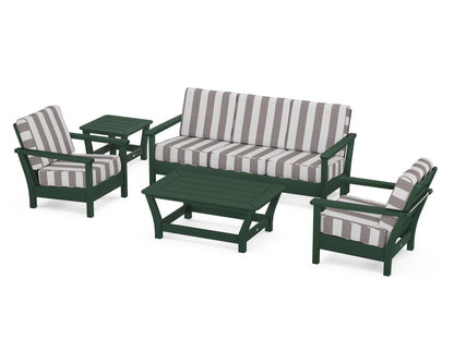 POLYWOOD® Harbour 5-Piece Deep Seating Set in Green / Cabana Stripe Grey Mist