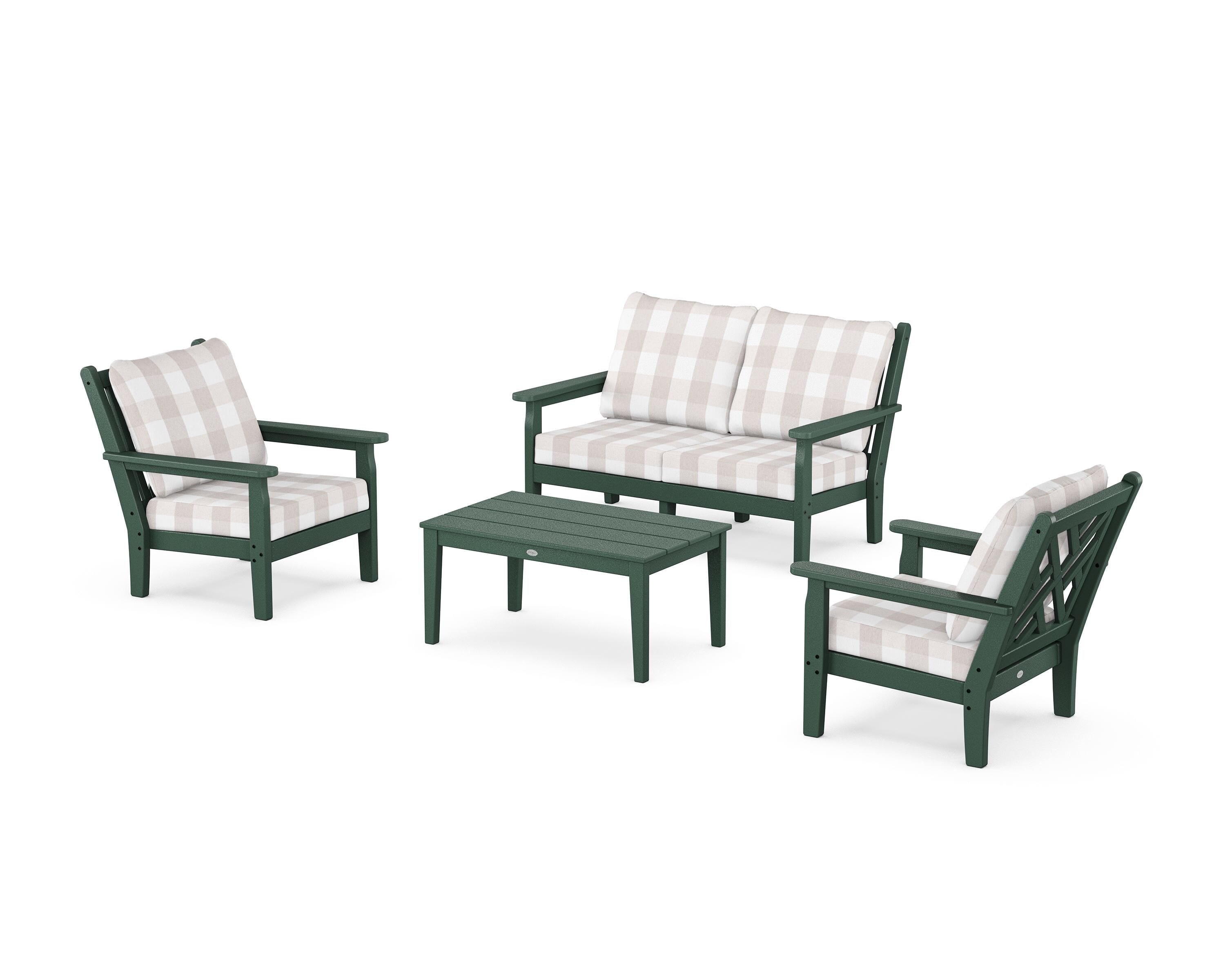 POLYWOOD® Chippendale 4-Piece Deep Seating Set with Loveseat in Green / Buffalo Plaid Dune Burlap