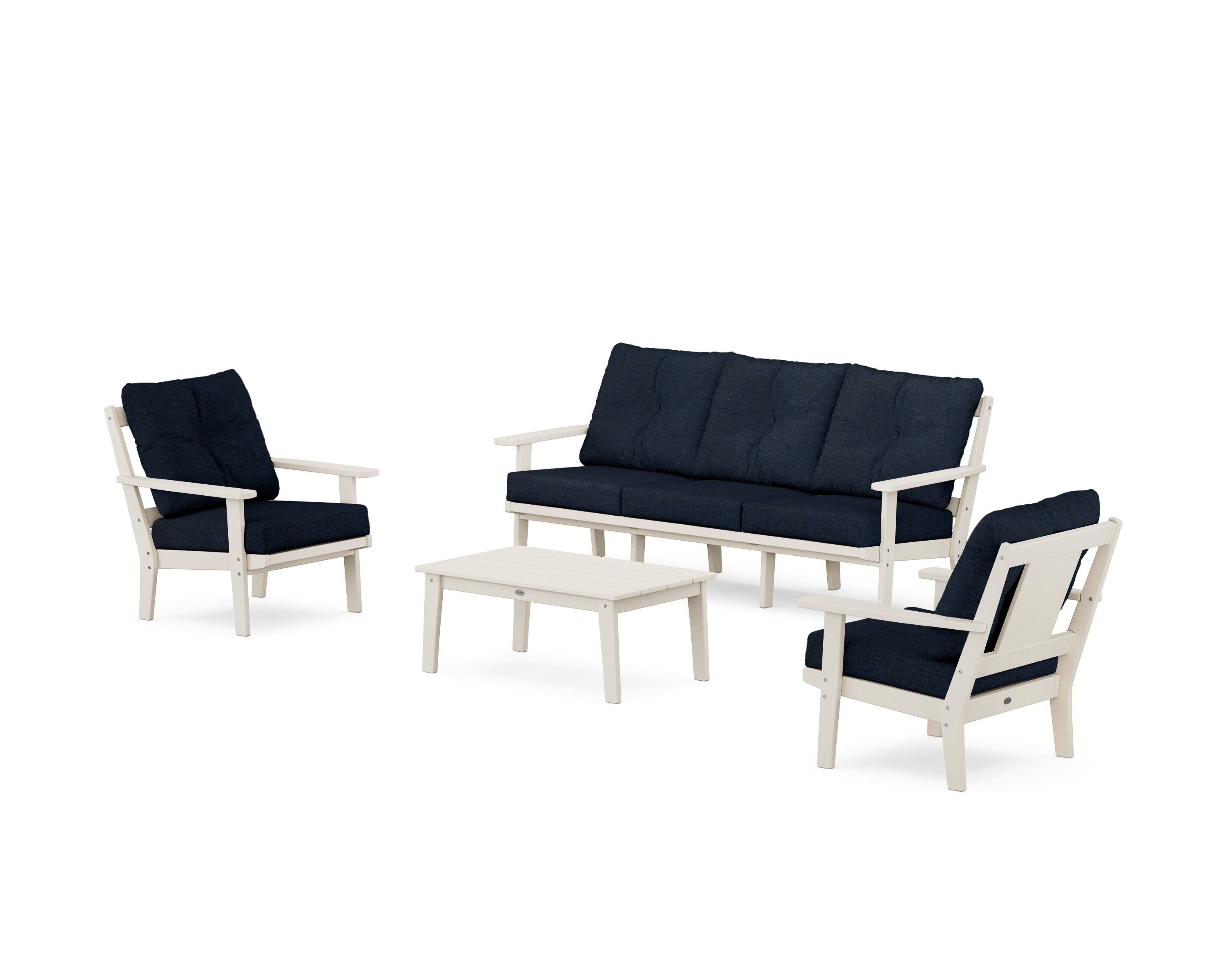 POLYWOOD® Prairie 4-Piece Deep Seating Set with Sofa in Sand / Marine Indigo