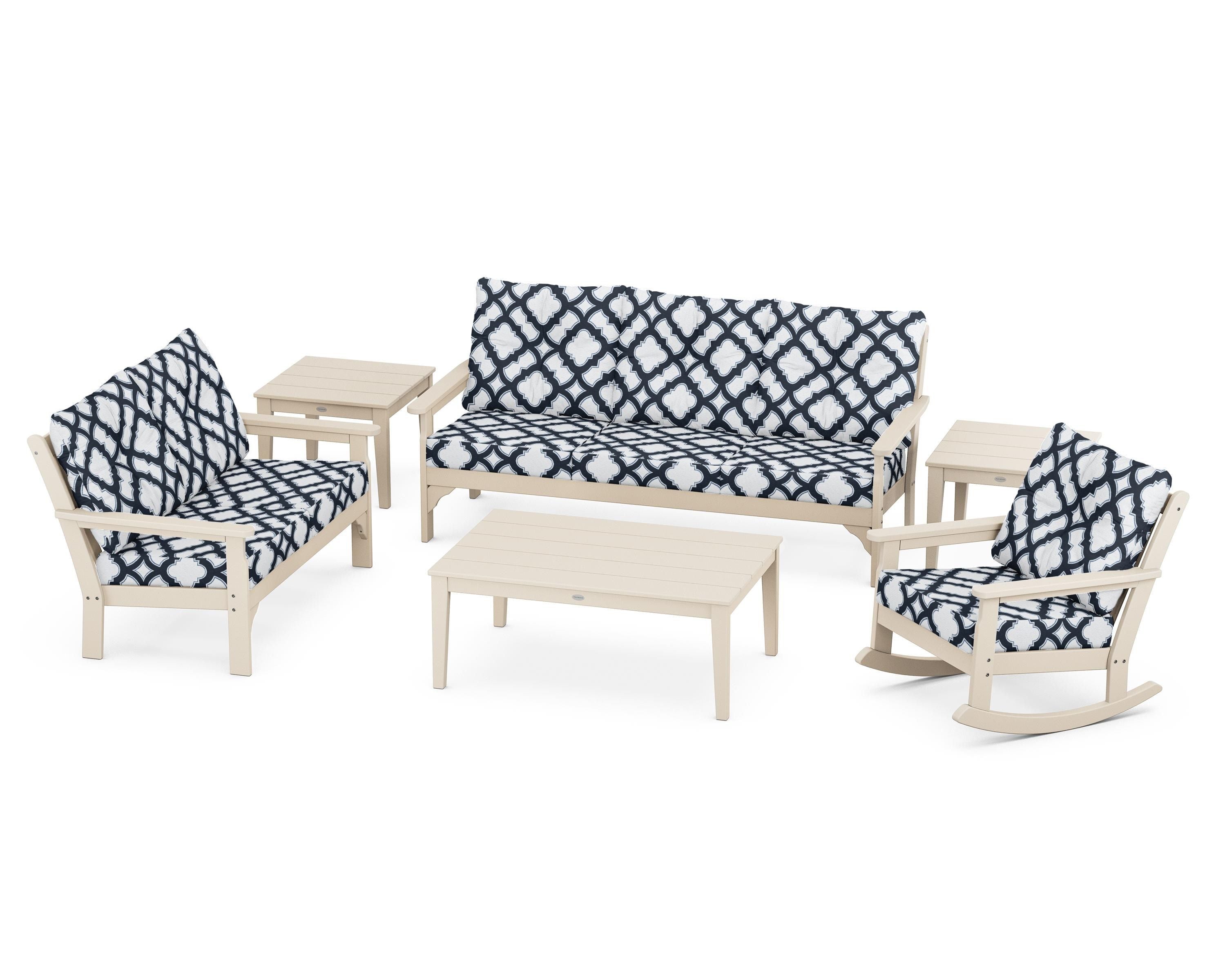 POLYWOOD® Vineyard 6-Piece Deep Seating Set in Sand / Trellis Marine Indigo
