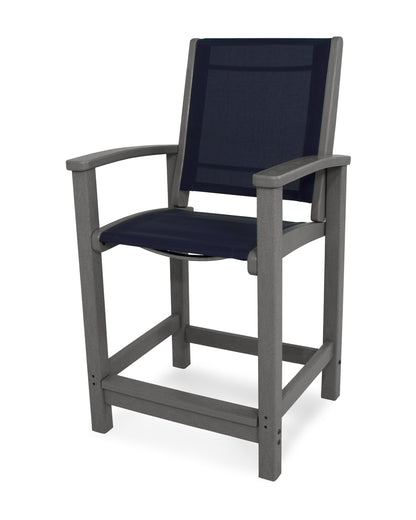 POLYWOOD® Coastal Counter Chair in Slate Grey / Navy Blue Sling