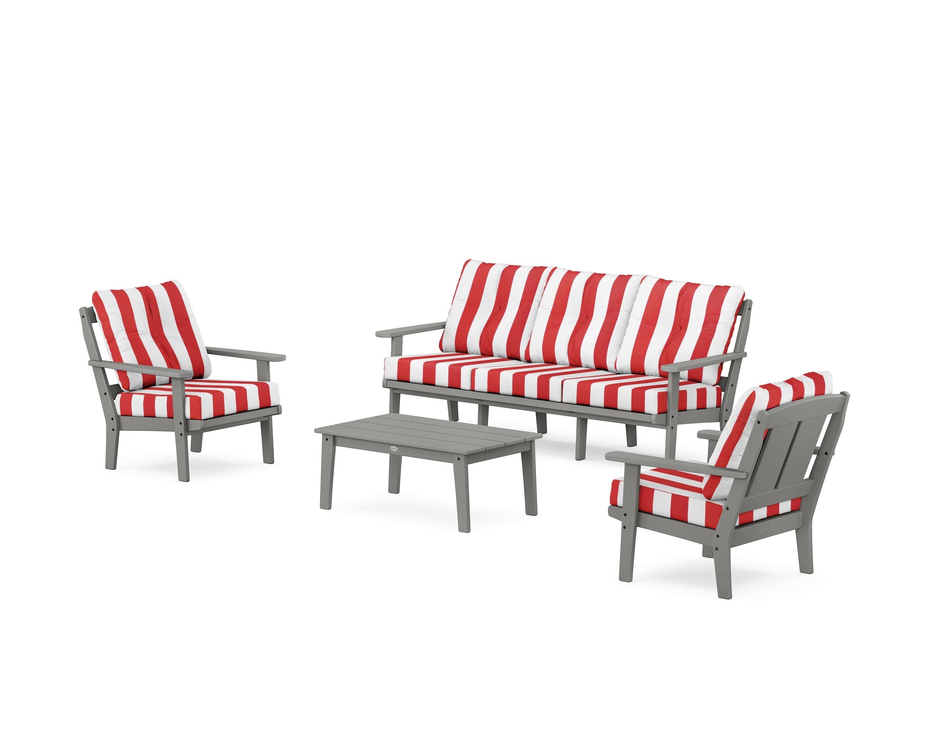 POLYWOOD® Mission 4-Piece Deep Seating Set with Sofa in Slate Grey / Cabana Stripe Crimson
