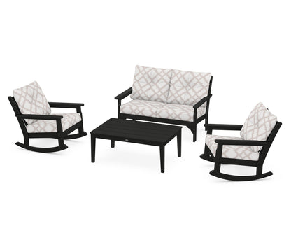 POLYWOOD® Vineyard 4-Piece Deep Seating Rocking Chair Set in Black / Trellis Dune Burlap