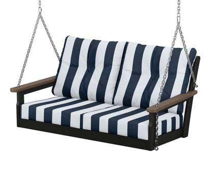 POLYWOOD® Vineyard Deep Seating Swing in Black / Kona / Cabana Stripe Marine Indigo