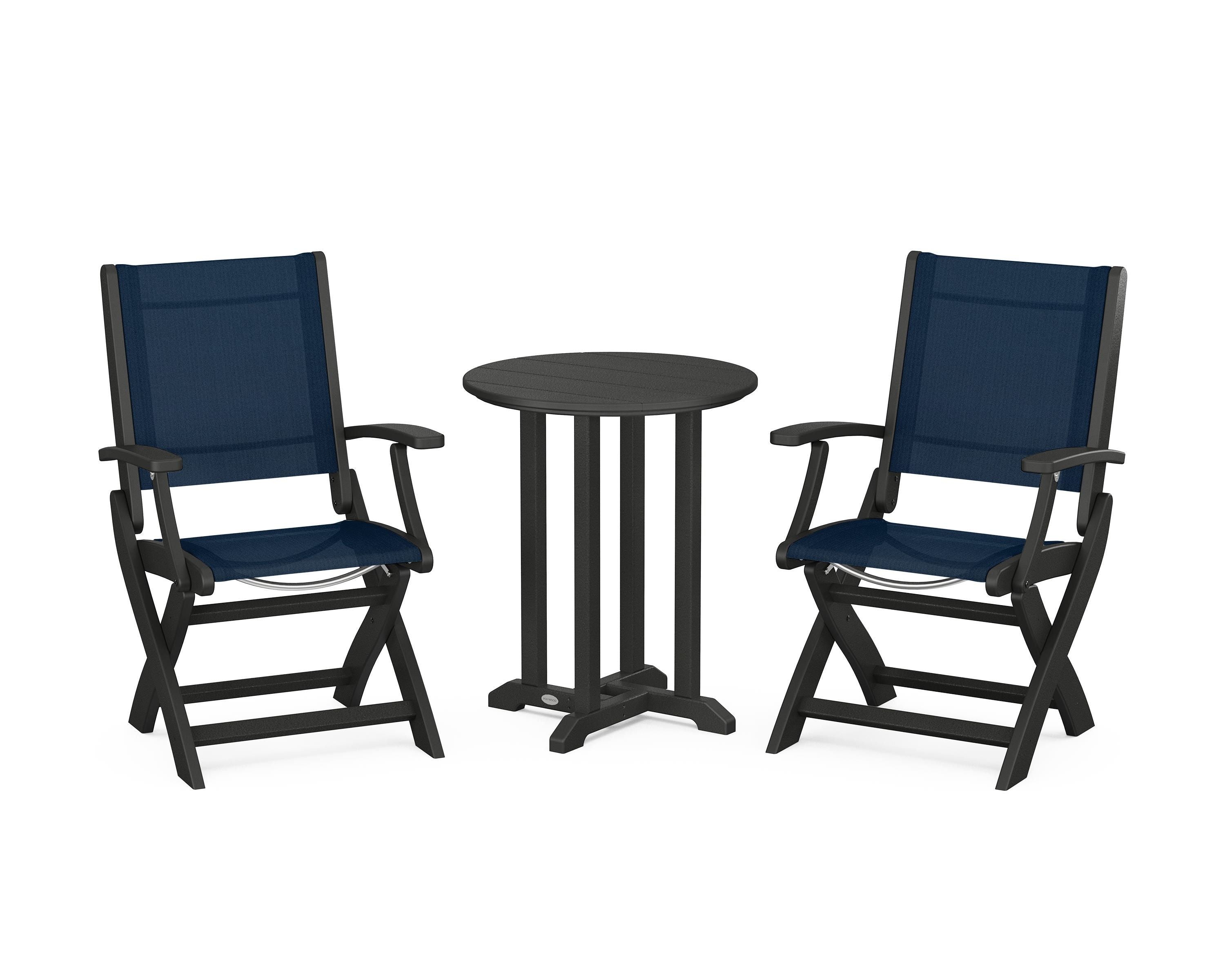 POLYWOOD® Coastal Folding 3-Piece Round Bistro Dining Set in Black / Navy Blue Sling