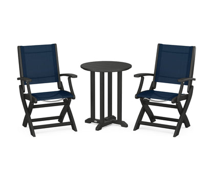 POLYWOOD® Coastal Folding 3-Piece Round Bistro Dining Set in Black / Navy Blue Sling