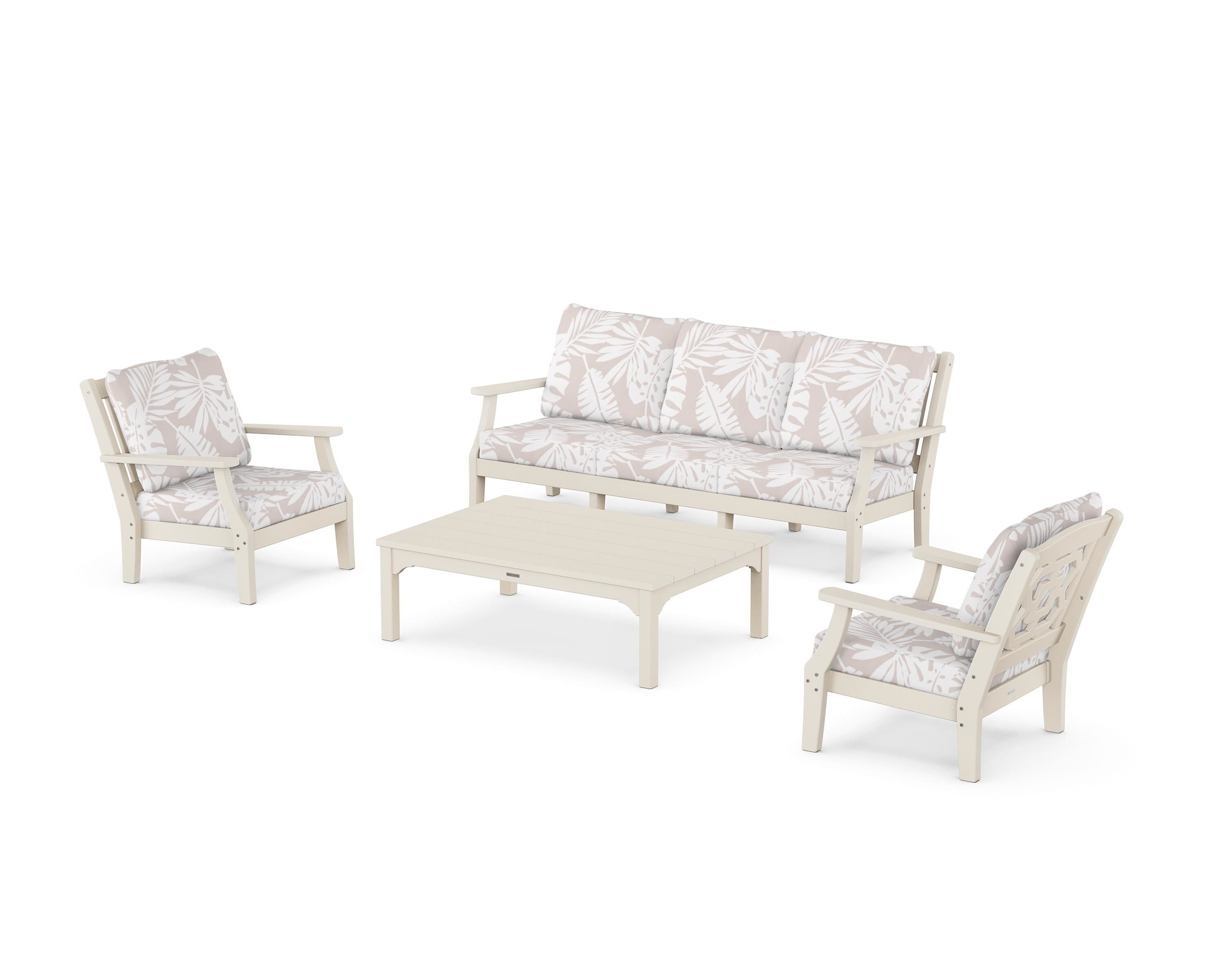 Martha Stewart by POLYWOOD® Chinoiserie 4-Piece Deep Seating Set with Sofa in Sand / Leaf Dune Burlap