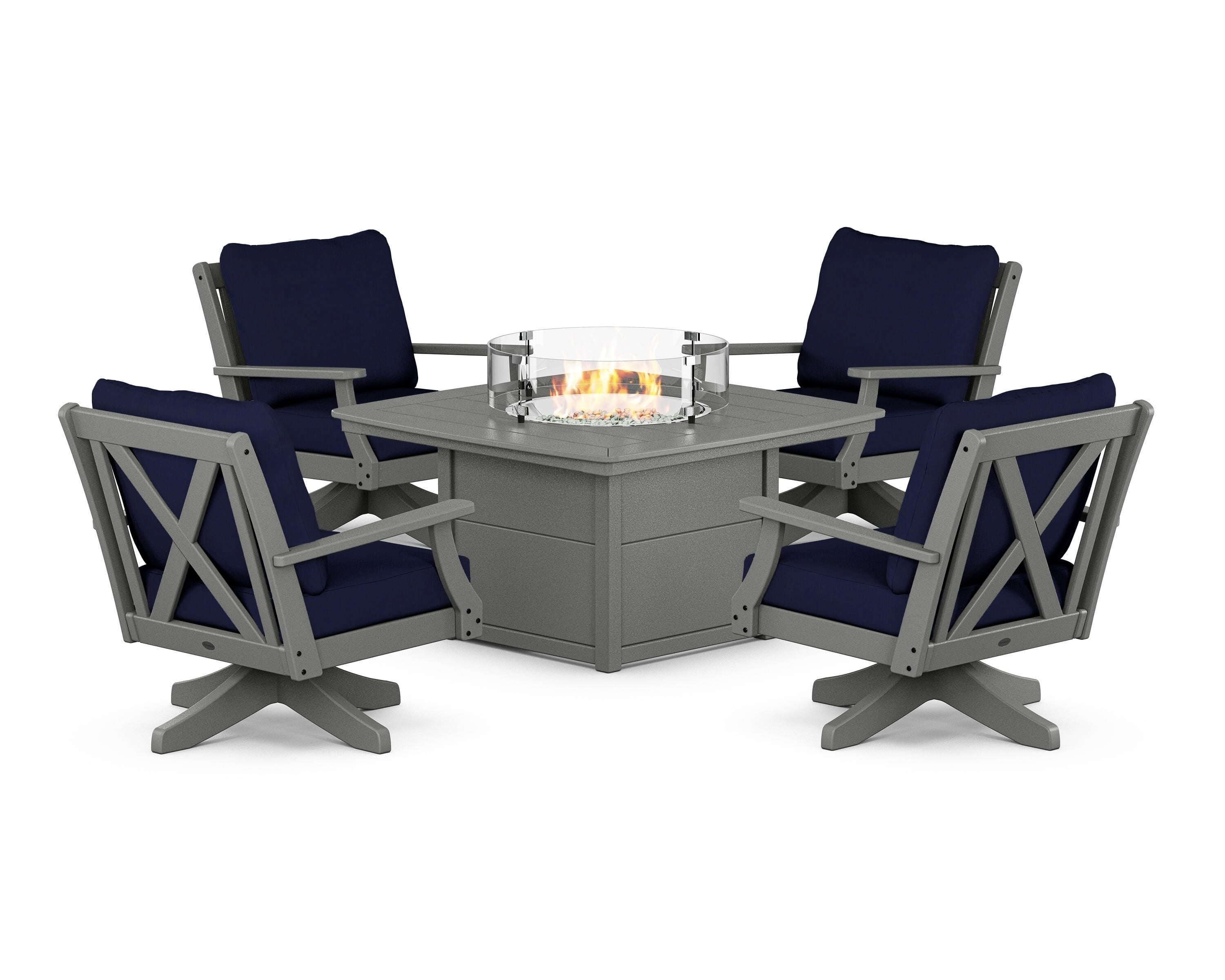 POLYWOOD® Braxton 5-Piece Deep Seating Swivel Conversation Set with Fire Pit Table in Slate Grey / Navy