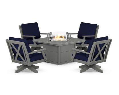 POLYWOOD® Braxton 5-Piece Deep Seating Swivel Conversation Set with Fire Pit Table in Slate Grey / Navy