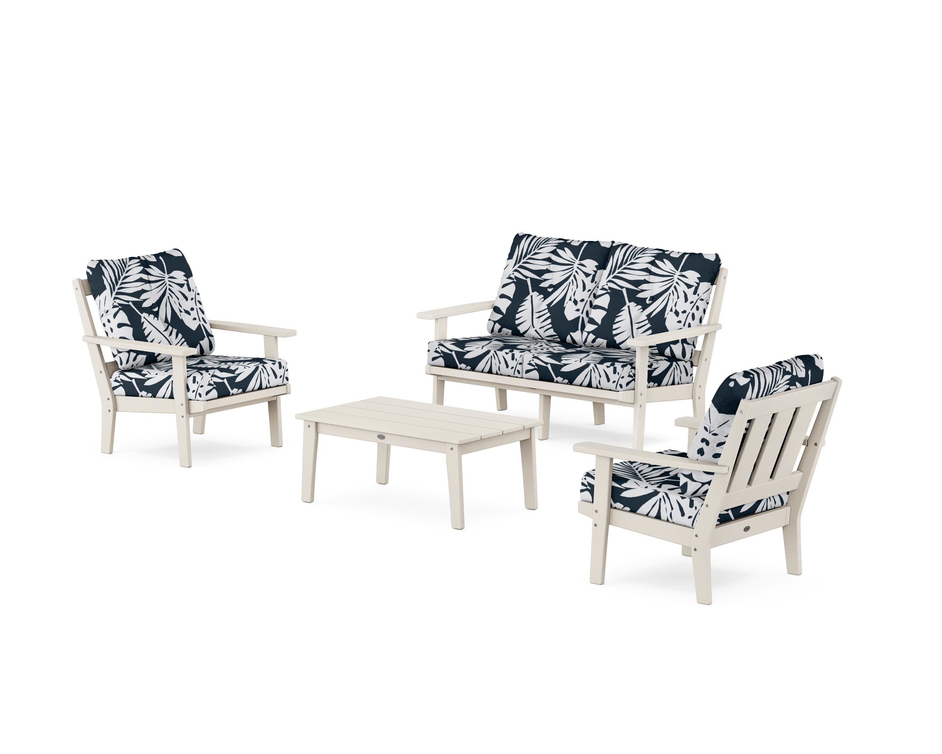 POLYWOOD® Oxford 4-Piece Deep Seating Set with Loveseat in Sand / Leaf Marine Indigo