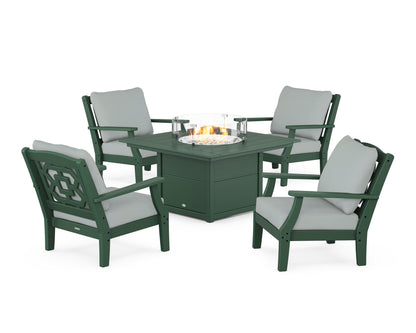 Martha Stewart by POLYWOOD® Chinoiserie 5-Piece Deep Seating Set with Fire Pit Table in Green / Spa