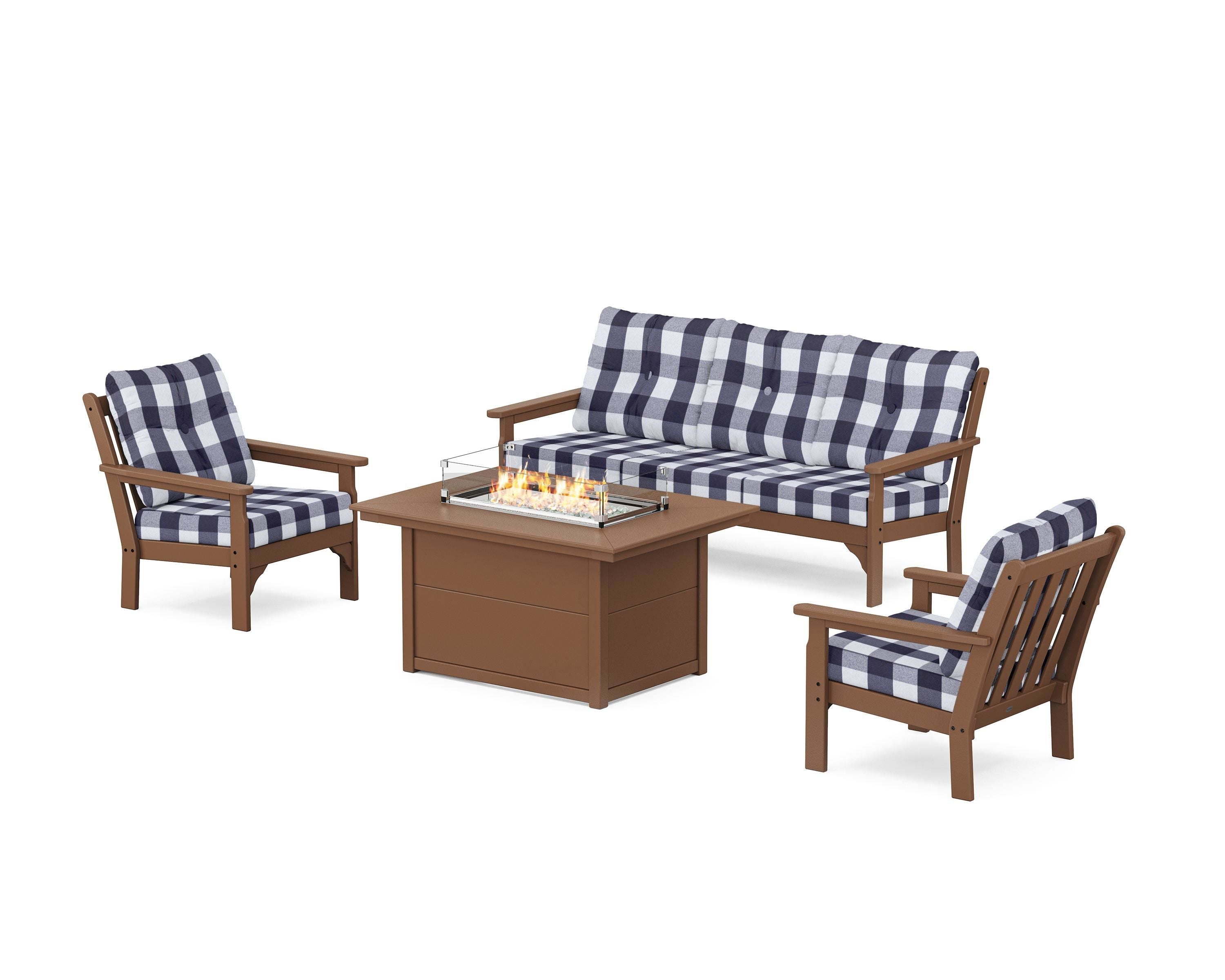 POLYWOOD® Vineyard Deep Seating Fire Pit Table Set in Teak / Buffalo Plaid Navy
