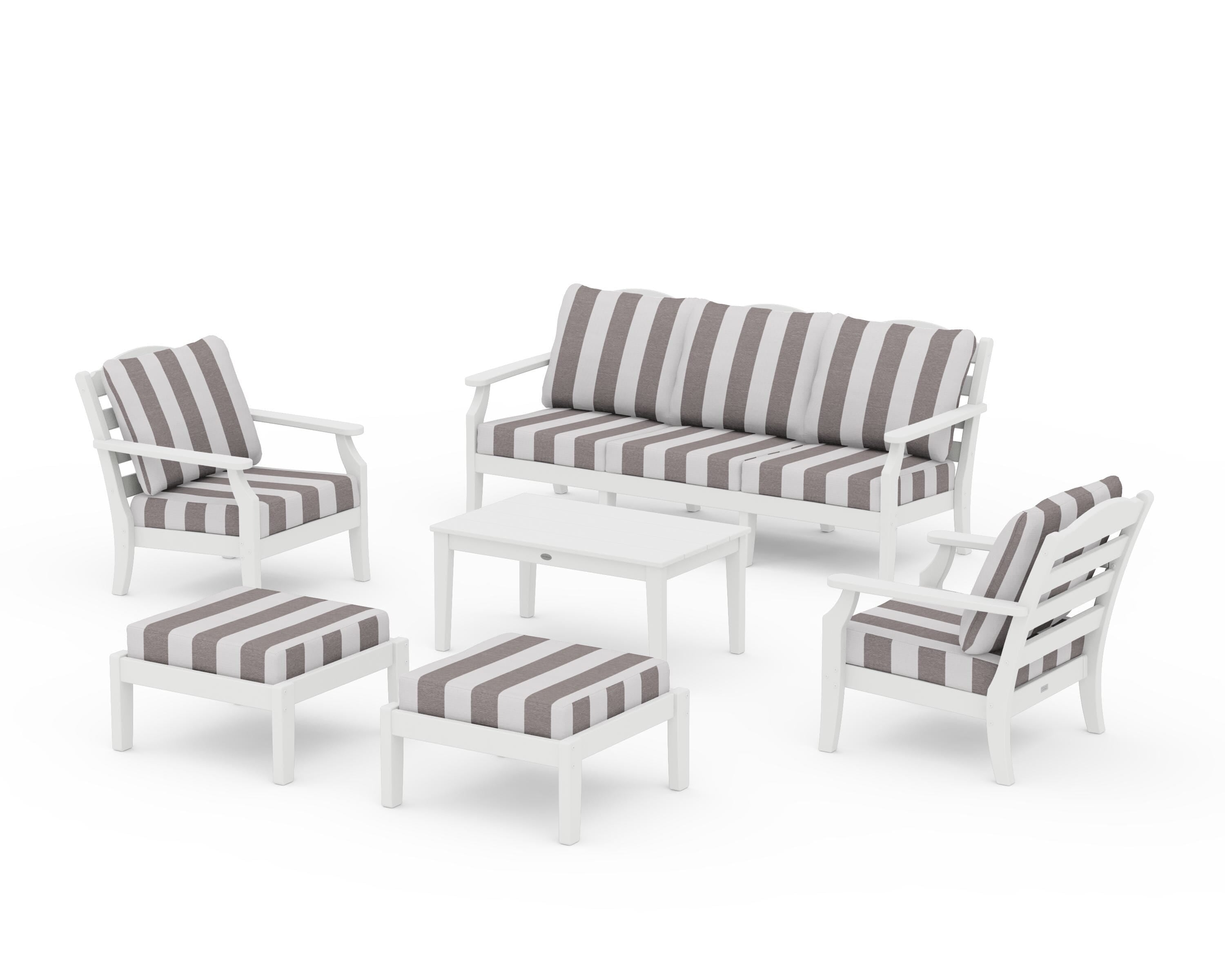 Draper James™ by  POLYWOOD® Savannah 6-Piece Lounge Sofa Set in White / Cabana Stripe Grey Mist