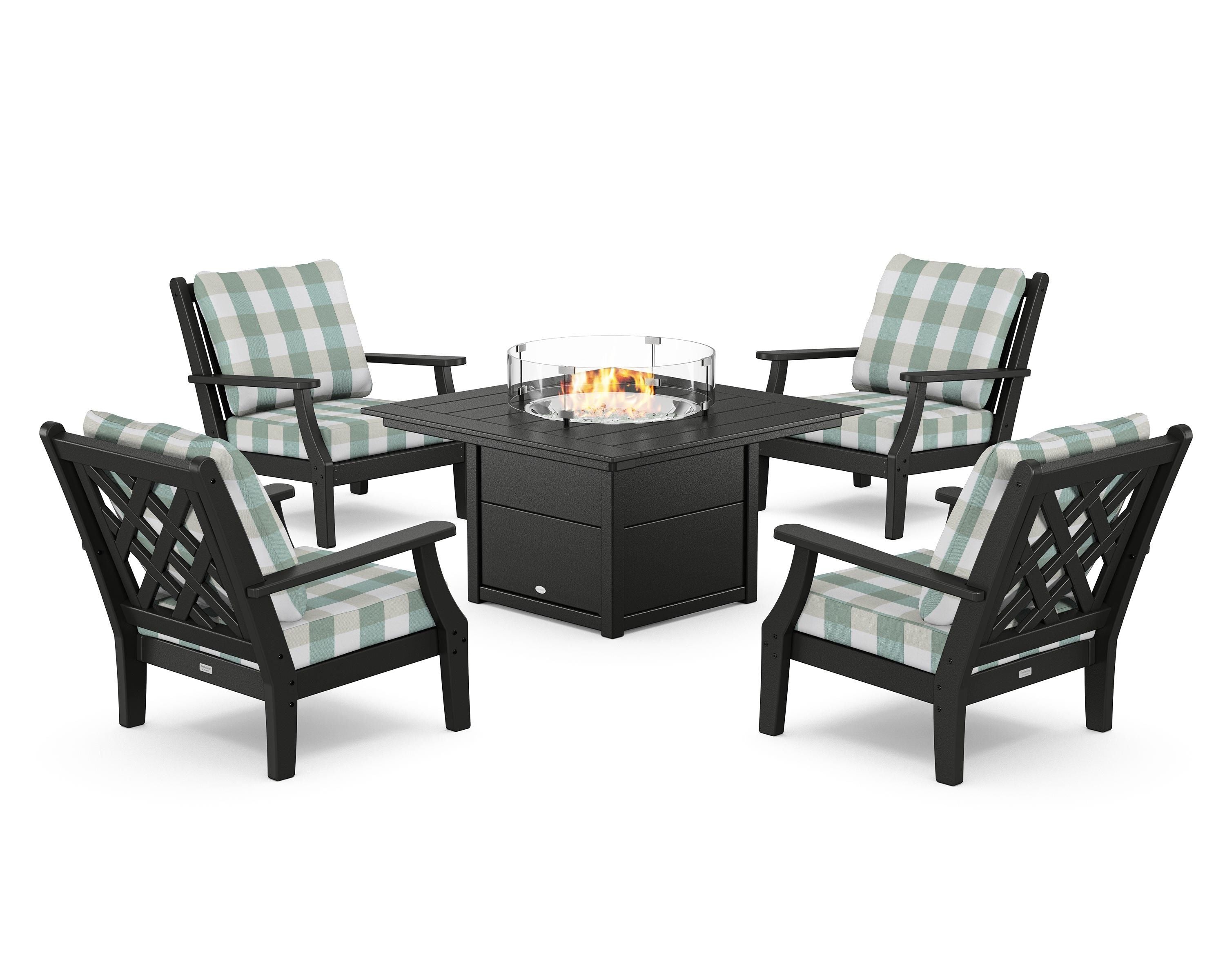 Country Living Wovendale 5-Piece Deep Seating Set with Fire Pit Table in Black / Buffalo Plaid Glacier Spa