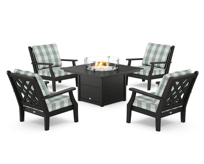 Country Living Wovendale 5-Piece Deep Seating Set with Fire Pit Table in Black / Buffalo Plaid Glacier Spa