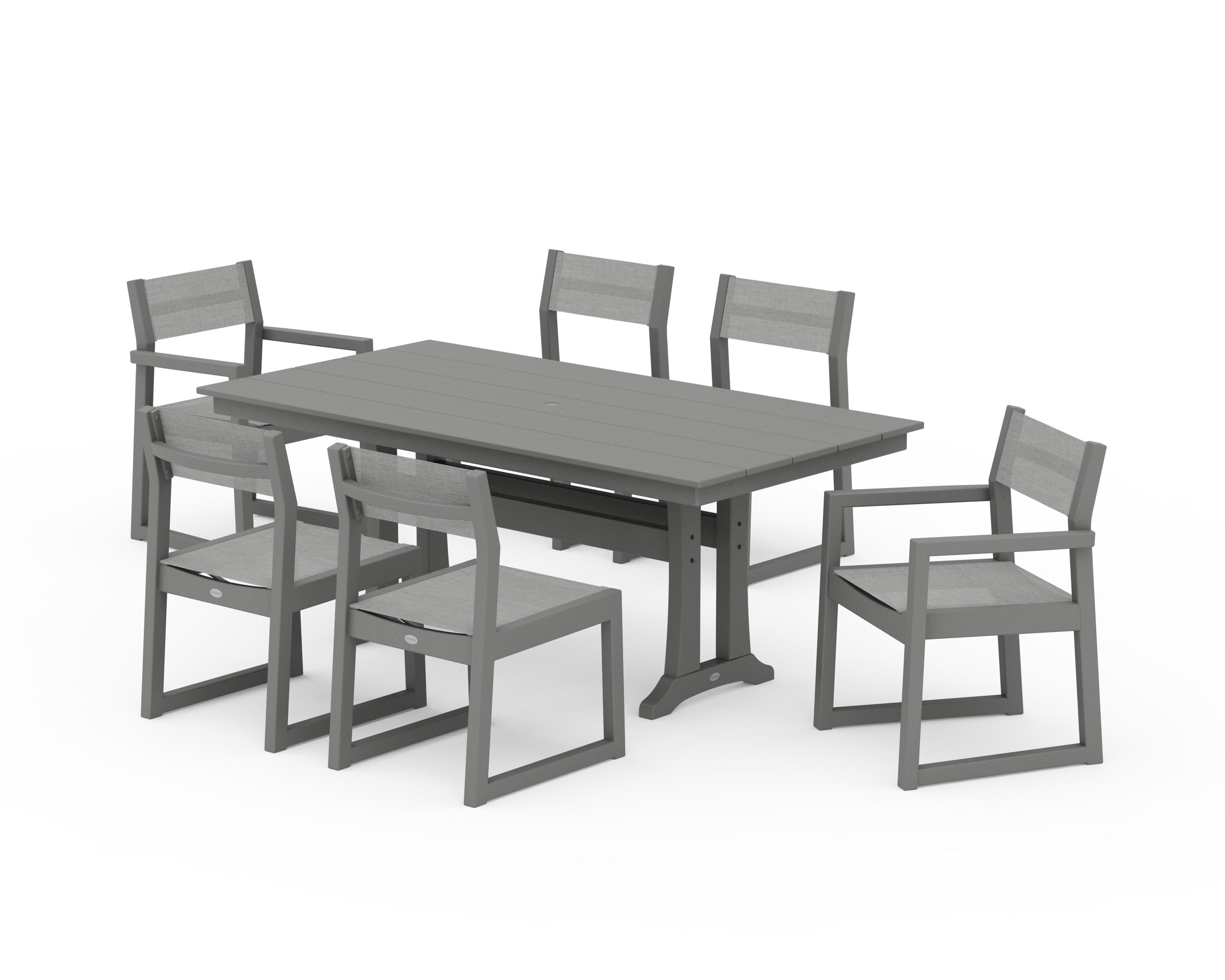 POLYWOOD® EDGE Sling 7-Piece Farmhouse Trestle Dining Set in Slate Grey / Metallic Sling