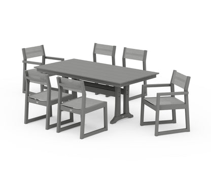 POLYWOOD® EDGE Sling 7-Piece Farmhouse Trestle Dining Set in Slate Grey / Metallic Sling