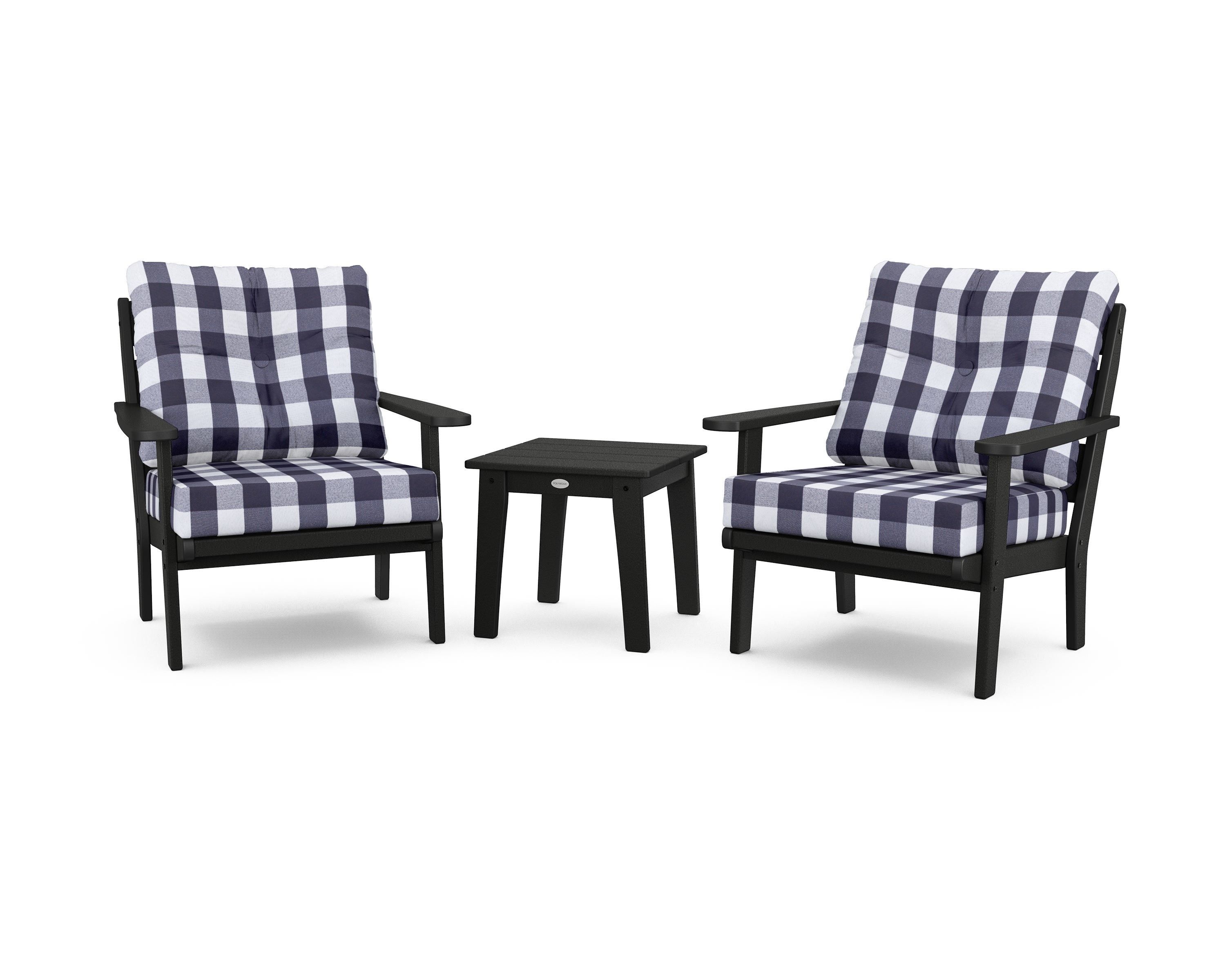 POLYWOOD® Lakeside 3-Piece Deep Seating Chair Set in Black / Buffalo Plaid Navy