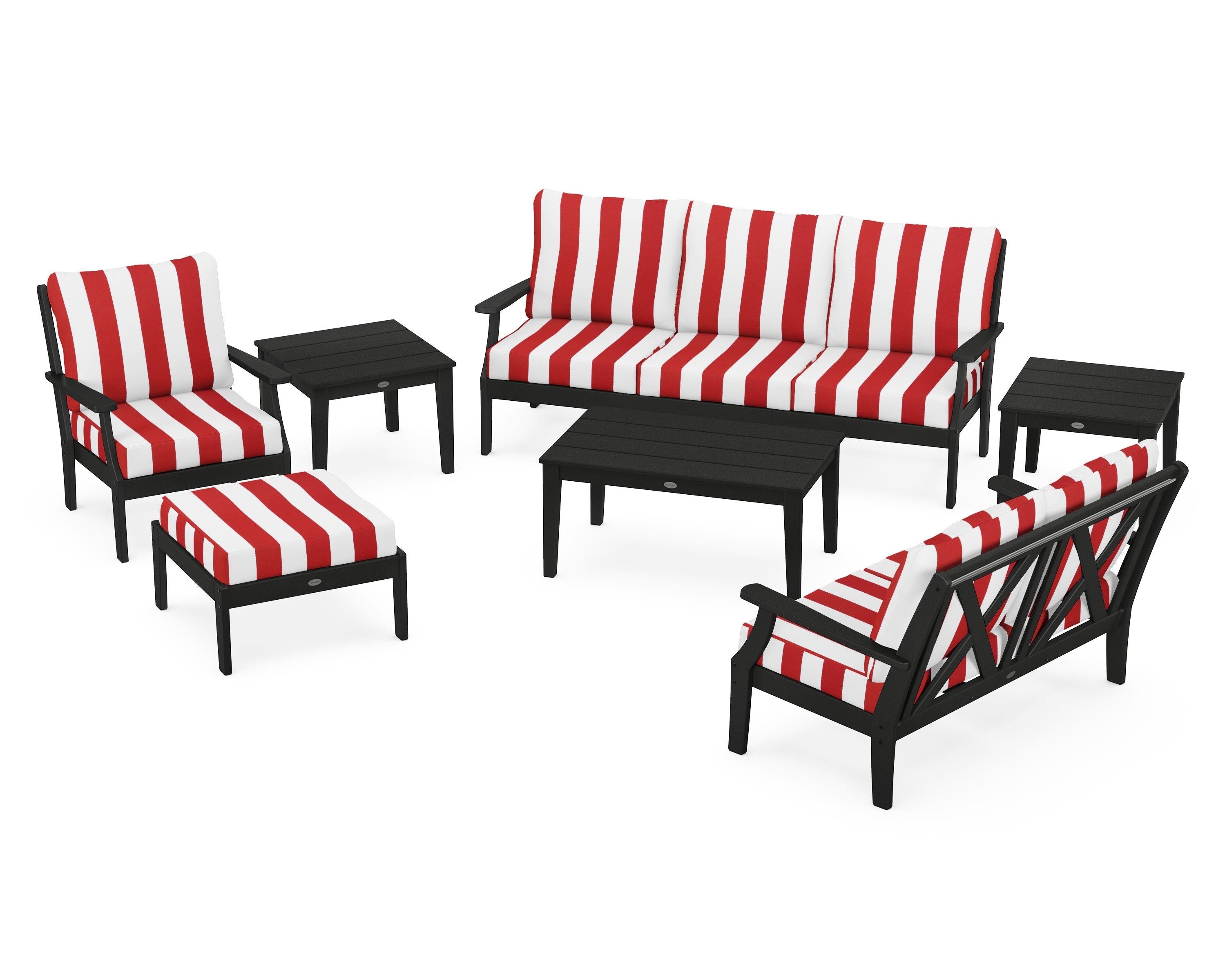 POLYWOOD® Braxton 7-Piece Deep Seating Set in Black / Cabana Stripe Crimson