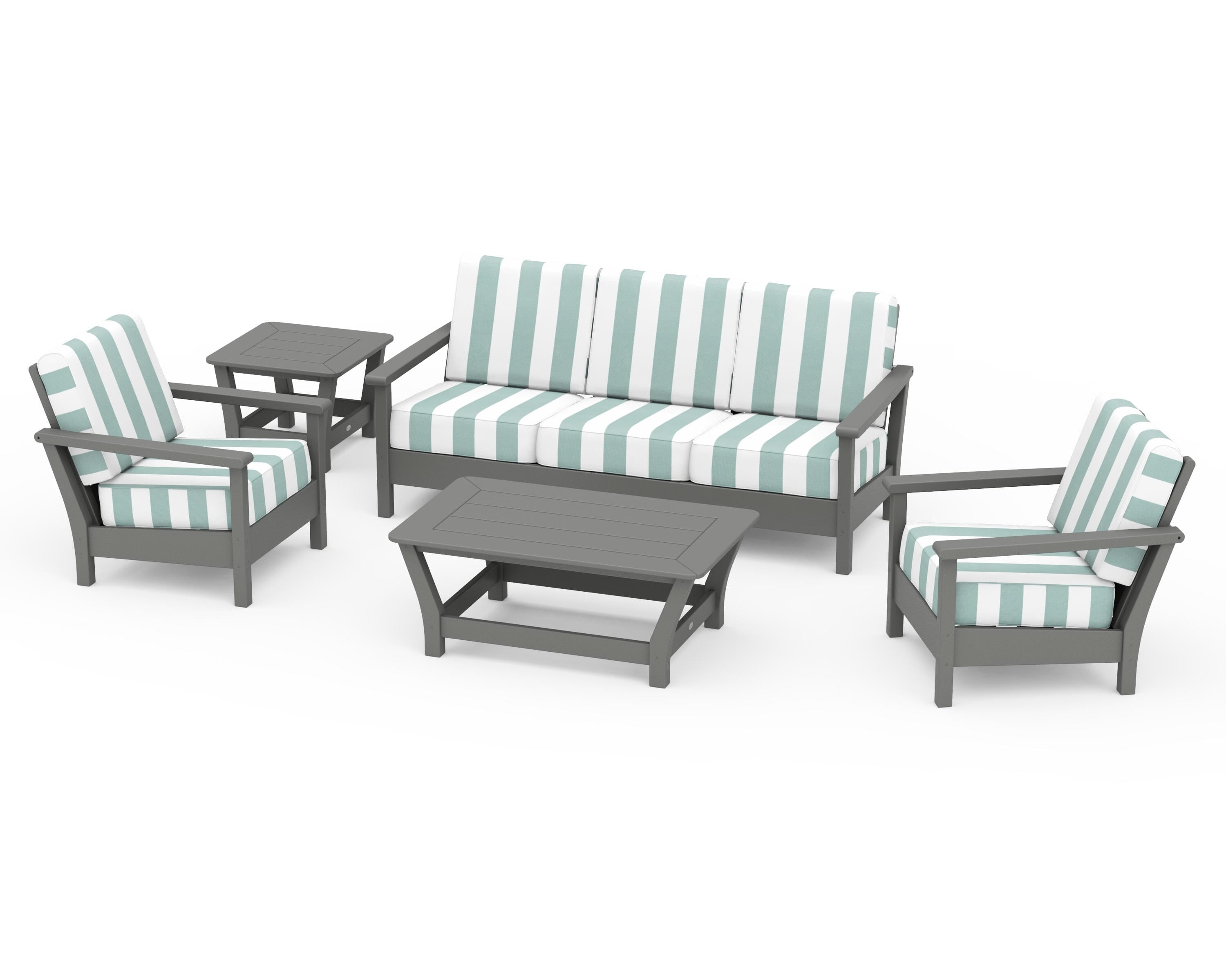 POLYWOOD® Harbour 5-Piece Deep Seating Set in Slate Grey / Cabana Stripe Glacier Spa