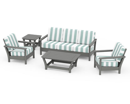 POLYWOOD® Harbour 5-Piece Deep Seating Set in Slate Grey / Cabana Stripe Glacier Spa