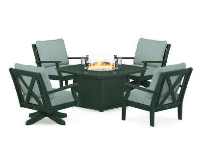 POLYWOOD® Braxton 5-Piece Deep Seating Set with Fire Table in Green / Glacier Spa