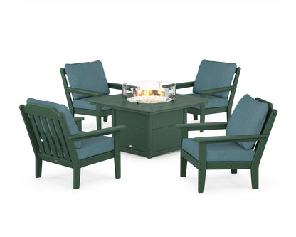 Country Living Cottage 5-Piece Deep Seating Set with Fire Pit Table in Green / Ocean Teal
