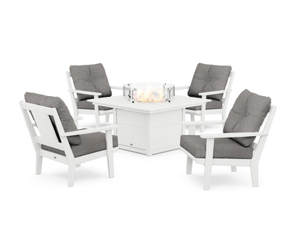 POLYWOOD® Prairie 5-Piece Deep Seating Set with Fire Pit Table in White / Grey Mist