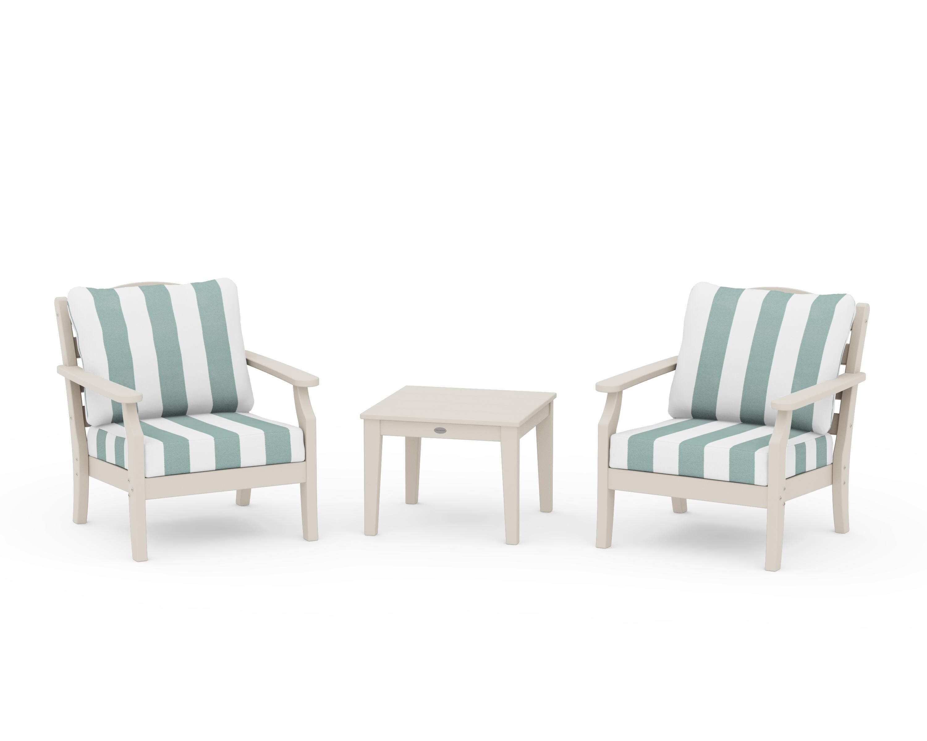 Draper James™ by  POLYWOOD® Savannah 3-Piece Deep Seating Set in Sand / Cabana Stripe Glacier Spa