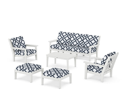 POLYWOOD® Chippendale 6-Piece Lounge Sofa Set in White / Trellis Marine Indigo