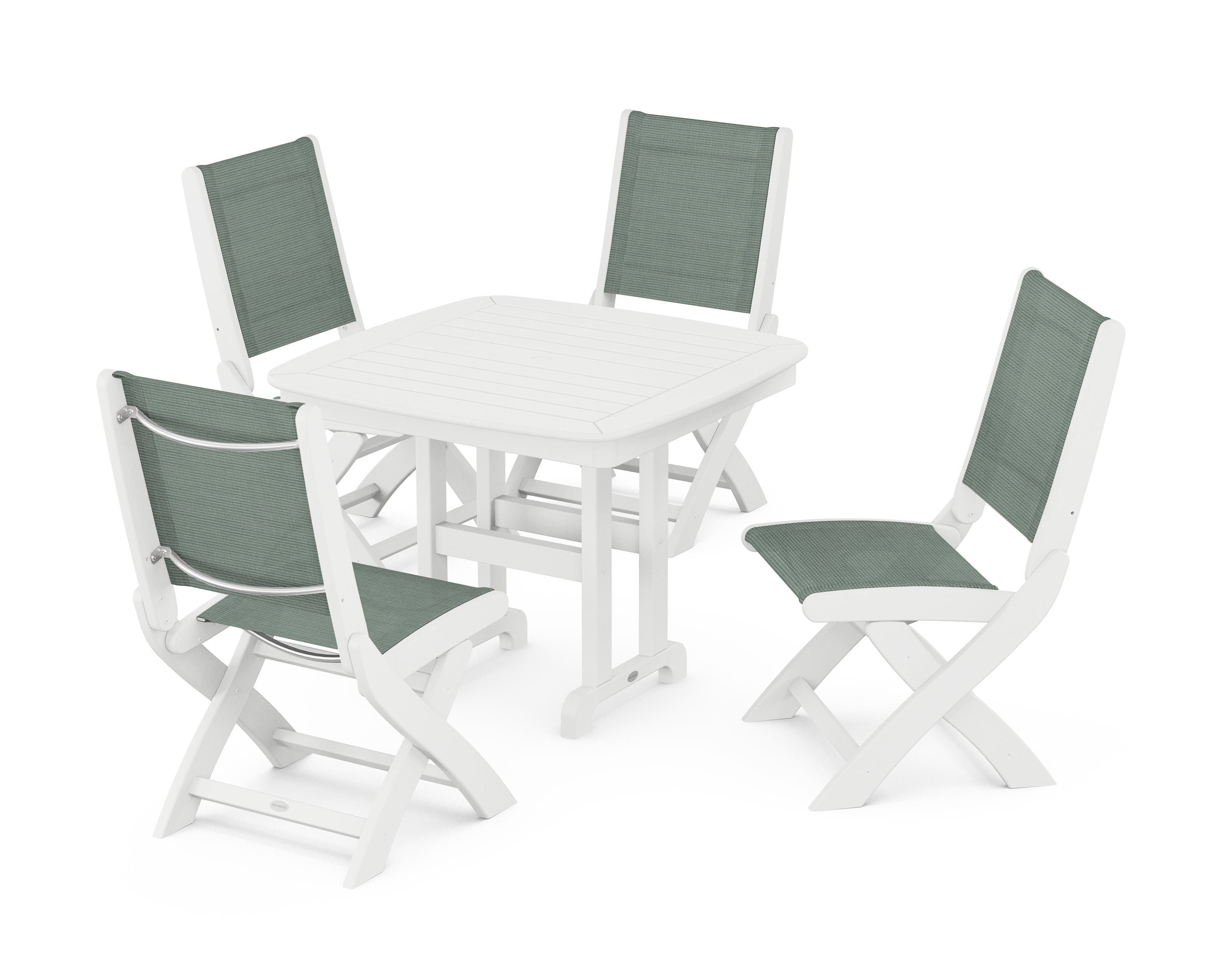 POLYWOOD® Coastal Folding Side Chair 5-Piece Dining Set in White / Dupioni Sea Mist Sling