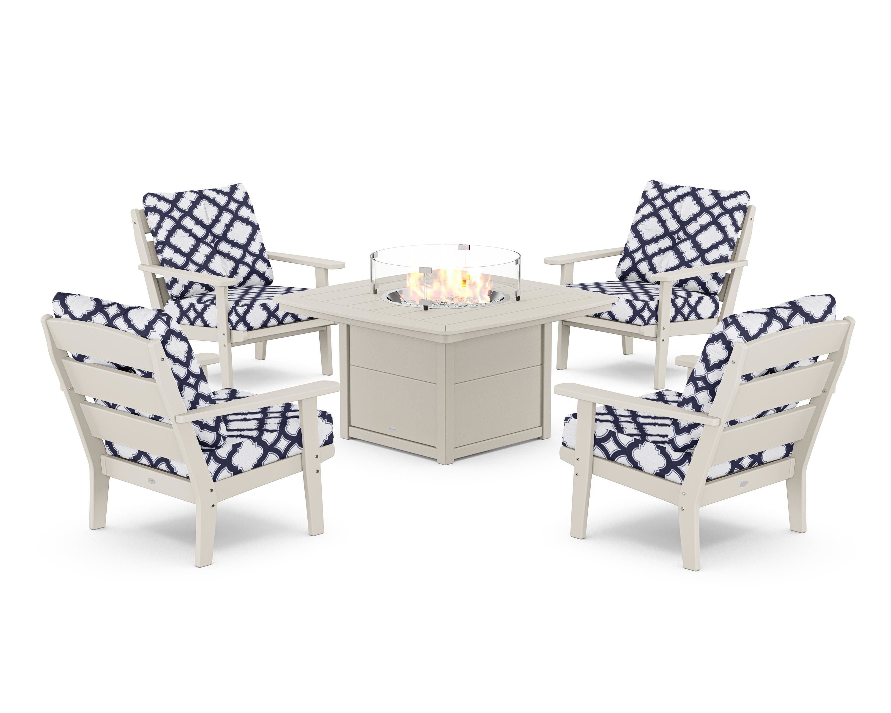 POLYWOOD® Lakeside 5-Piece Deep Seating Set with Nautical Fire Pit Table in Sand / Trellis Navy