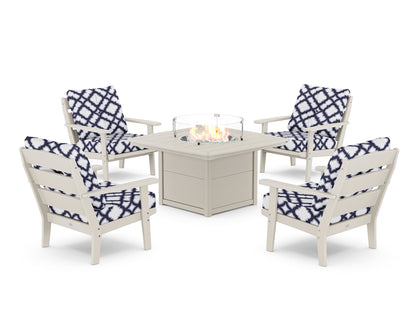 POLYWOOD® Lakeside 5-Piece Deep Seating Set with Nautical Fire Pit Table in Sand / Trellis Navy