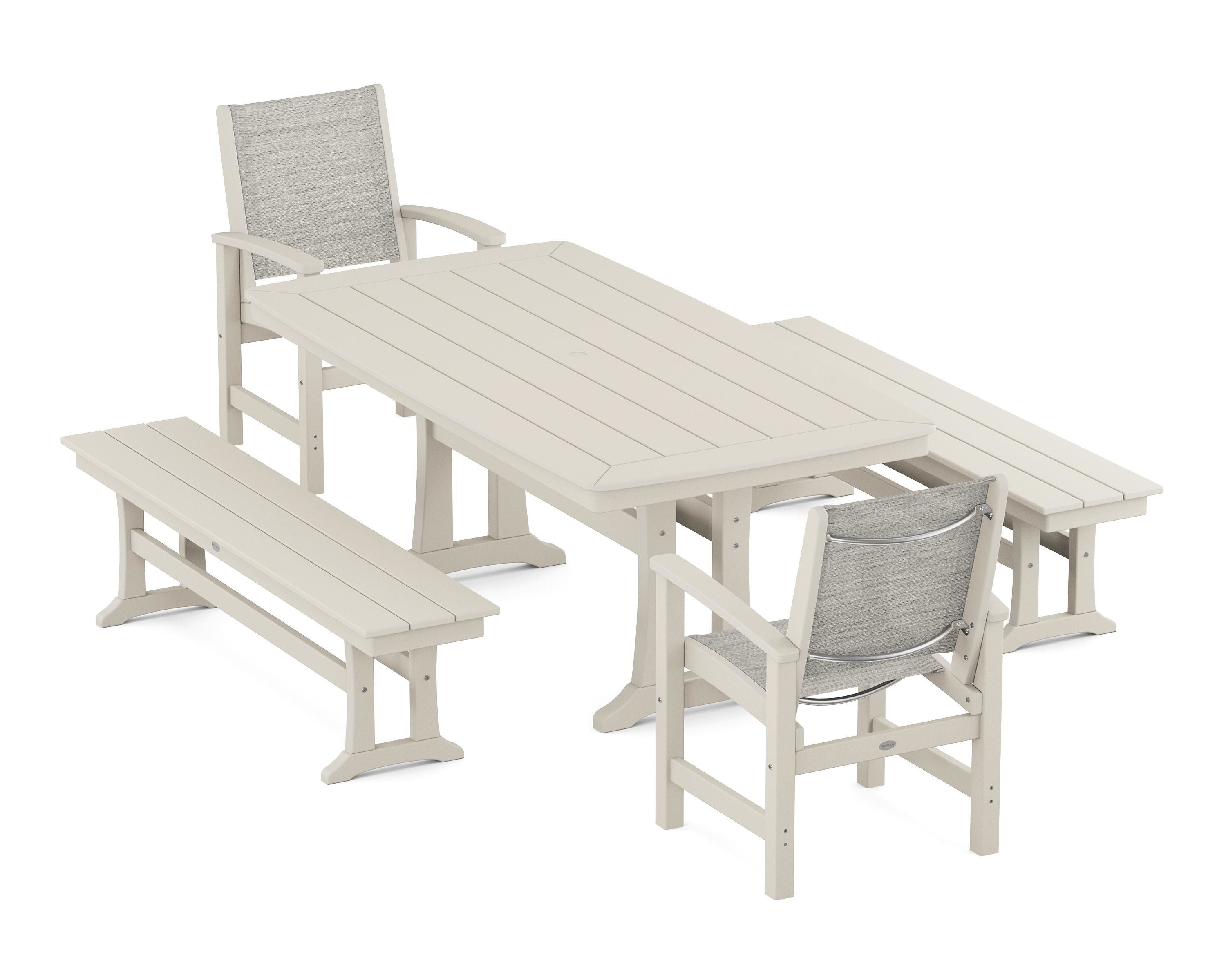 POLYWOOD® Coastal 5-Piece Dining Set with Trestle Legs and Benches in Sand / Birch Sling